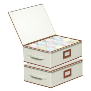 Aokeyee 2-Pack Cup and Mug Storage Box, Hard Shell China Storage Containers - Holds 24 Coffee Mugs, Tea Cups & Glasses, Stackable Organizers with Lid, Handles, Zippers & Label for Moving, Ivory