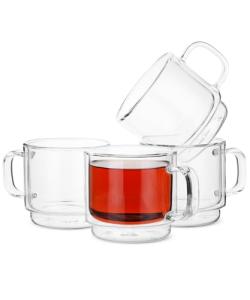 BTaT- Stackable Insulated Coffee Mugs, Glass Tea Mugs, Set of 4 (12 oz, 350 ml), Double Wall Glass Coffee Cups, Tea Cups, Latte Cups, Beer Glasses, Latte Mug, Clear Mugs