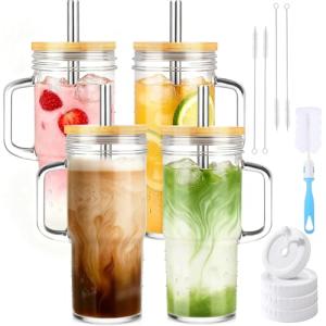 Bamboo-Lid Glass Tumblers with Straws - 4 Pack