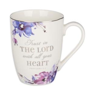 Christian Art Gifts Purple Floral Ceramic Coffee Mug – 11 oz. Lead and Cadmium-Free Non-Toxic Inspirational Scripture Coffee and Tea Mug for Women with Bible Verse: Trust in The Lord – Proverbs 3:5