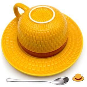 shiningsoul 4 PCS OP Anime Novelty Straw Hat Ceramic Coffee Mug Set - Lufffffy Hat 3D Mug with Saucer, Engraved Spoon & Enamel Pin, Collectible Tea/Coffee Accessories for Drinkware Anime Gift