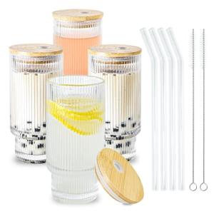 16 oz Ribbed Glass Cups Set with Lids