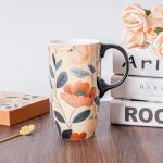 Topadorn Ceramic Travel Mug with Lid and Handle ，Coffee Mug Teacup in Color Box 17 Oz, Splash Resistant Lid - To Go Tumbler for Car Cup Holder, Green Leaves And Flowers