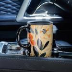 Topadorn Ceramic Travel Mug with Lid and Handle ，Coffee Mug Teacup in Color Box 17 Oz, Splash Resistant Lid - To Go Tumbler for Car Cup Holder, Green Leaves And Flowers