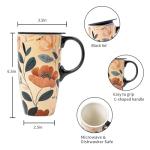 Topadorn Ceramic Travel Mug with Lid and Handle ，Coffee Mug Teacup in Color Box 17 Oz, Splash Resistant Lid - To Go Tumbler for Car Cup Holder, Green Leaves And Flowers