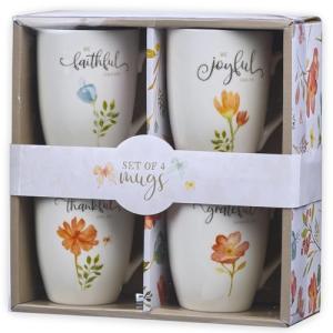 Christian Art Gifts Ceramic Coffee or Tea Mug Set for Women, Be Grateful, Faithful, Thankful, Joyful Bible Verse Mug Set, Boxed Set of 4 Coffee Cups