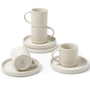 famiware Star Espresso Cups and Saucers Set of 4, 3 oz Ceramic Small Coffee Mug with Handle, Ribbed Stoneware Demitasse Cup for Cappuccino, Tea, Latte - Microwave & Dishwasher Safe - Matte White