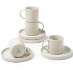 famiware Star Espresso Cups and Saucers Set of 4, 3 oz Ceramic Small Coffee Mug with Handle, Ribbed Stoneware Demitasse Cup for Cappuccino, Tea, Latte - Microwave & Dishwasher Safe - Matte White