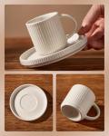 famiware Star Espresso Cups and Saucers Set of 4, 3 oz Ceramic Small Coffee Mug with Handle, Ribbed Stoneware Demitasse Cup for Cappuccino, Tea, Latte - Microwave & Dishwasher Safe - Matte White