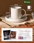 famiware Star Espresso Cups and Saucers Set of 4, 3 oz Ceramic Small Coffee Mug with Handle, Ribbed Stoneware Demitasse Cup for Cappuccino, Tea, Latte - Microwave & Dishwasher Safe - Matte White