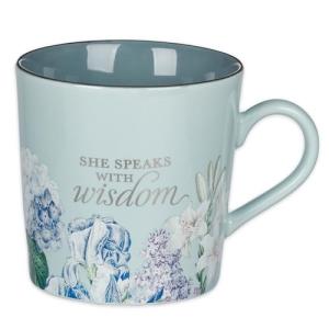 Christian Art Gifts Blue Floral Ceramic Coffee Mug – 14 oz. Lead & Cadmium-free, Non-toxic Inspirational Scripture Coffee and Tea Mug for Women with Bible Verse: She Speaks with Wisdom –Proverbs 31:26