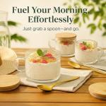 JBHO Vintage Glass 14OZ Coffee Mugs 4pcs Clear Embossed Glass Cups with Bamboo Lids and Spoons Gifts for Women Overnight Containers for Tea,Cereal,Cappuccino, Latte