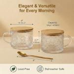 JBHO Vintage Glass 14OZ Coffee Mugs 4pcs Clear Embossed Glass Cups with Bamboo Lids and Spoons Gifts for Women Overnight Containers for Tea,Cereal,Cappuccino, Latte