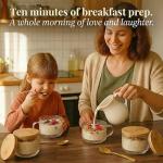 JBHO Vintage Glass 14OZ Coffee Mugs 4pcs Clear Embossed Glass Cups with Bamboo Lids and Spoons Gifts for Women Overnight Containers for Tea,Cereal,Cappuccino, Latte