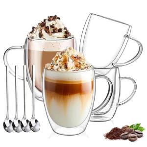 DINGPAl 4 Pack Double Wall Glass Coffee Mugs, 12 oz Walled Insulated Cappuccino Mug Heat Resistant Borosilicate Glass Coffee Cups with Handle and Spoon for Latte, Espresso, Americano, Hot/Cold Drink