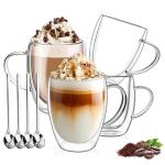 DINGPAl 4 Pack Double Wall Glass Coffee Mugs, 12 oz Walled Insulated Cappuccino Mug Heat Resistant Borosilicate Glass Coffee Cups with Handle and Spoon for Latte, Espresso, Americano, Hot/Cold Drink