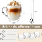 DINGPAl 4 Pack Double Wall Glass Coffee Mugs, 12 oz Walled Insulated Cappuccino Mug Heat Resistant Borosilicate Glass Coffee Cups with Handle and Spoon for Latte, Espresso, Americano, Hot/Cold Drink