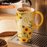 Topadorn Coffee Ceramic Mug Porcelain Latte Tea Cup With Lid in Present Box 17oz Sunflowers