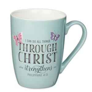 Christian Art Gifts Blue Butterfly Ceramic Coffee Mug – 12 oz. Microwave and Dishwasher-safe Inspirational Scripture Coffee and Tea Mug with Bible Verse: All Things Through Christ – Philippians 4:13