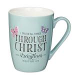 Christian Art Gifts Blue Butterfly Ceramic Coffee Mug – 12 oz. Microwave and Dishwasher-safe Inspirational Scripture Coffee and Tea Mug with Bible Verse: All Things Through Christ – Philippians 4:13