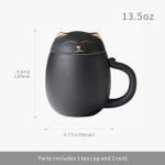 HEER Ceramic Tea Mug with Infuser and Lid, Cute Cat Tea Cup with Filter for Steeping Loose Leaf, Novelty Teacup Birthday Christmas Gifts for Men, Women, Cat Lovers. (Black)
