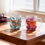 Real Flowers Inside Clear Glass Tea Cup, Double Wall Borosilicate Coffee Mug for Latte Cappuccino, Cute Aesthetic Floral Glassware, Romantic Gifts for Her Girlfriend Sister