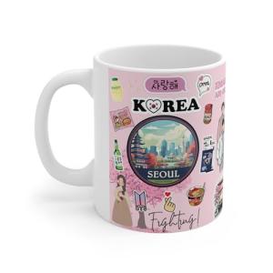Korean Culture Coffee Mug, Pink Ceramic Cup with Seoul Cityscape, K-Drama and K-Pop Theme, Traditional Architecture Design, 15 oz Korea mug