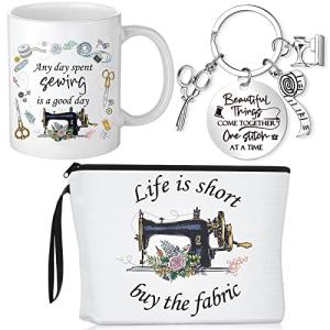 Inbagi 3 Pcs Sewing Gifts for Women Makeup Bag Seamstress 11 oz Coffee Mug Quilting Keychain Mother's Day Gifts for Mom Friends Sister Quilter Sewers