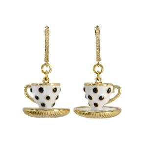 Alice in Wonderland Tea Party Polka Dot Teacup Dangle Earrings, Lewis Carroll Wonderland Inspired Jewelry, Enamel Teacups, Gold Tone CZ Studded Leverback