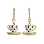 Alice in Wonderland Tea Party Polka Dot Teacup Dangle Earrings, Lewis Carroll Wonderland Inspired Jewelry, Enamel Teacups, Gold Tone CZ Studded Leverback