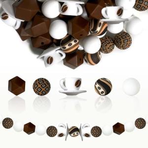 Pelizen 55 Pcs 3D Coffee Mug Focus Beads - 15mm coffee bean and brown geometric print beads, white round silicone beads - suitable for DIY crafts, jewelry, necklaces, bracelets, and keychains (coffee)