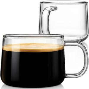 Aquach 16 oz Glass Coffee Mugs with Handle Set of 2 - Large Clear Glass Cups for Latte, Cappuccino, and Tea