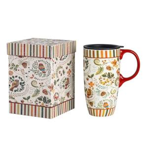 Topadorn 17 oz Tall Ceramic Travel Mugs Coffee Cup with Sealed Lid and Handle, Perfect for Coffee and Tea, Holiday Gift Her Him, Flower