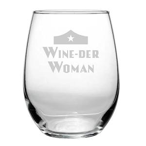 Wine-der Woman 15 oz stemless wine glass - comics fan funny birthday gift - justice superhero wonder warrior - heroine figure - Mothers Day - dc costume pop culture shirt
