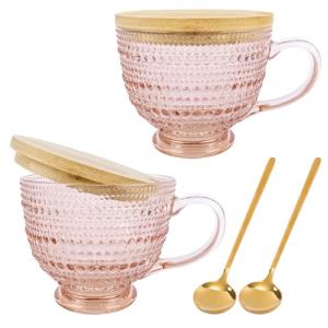 Pink Vintage Latte Mugs Set of 2, 16oz Large Pink Glass Embossed Coffee Mug Latte Tea Cup with Bamboo Lid and Spoons, Insulated Tea Cups Iced Water Ribbed Glasses Breakfast Cup Set Gift for Family