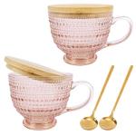 Pink Vintage Latte Mugs Set of 2, 16oz Large Pink Glass Embossed Coffee Mug Latte Tea Cup with Bamboo Lid and Spoons, Insulated Tea Cups Iced Water Ribbed Glasses Breakfast Cup Set Gift for Family