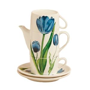 Jimiruigro Ceramic Tea Set for Two, 13.6oz Teapot with Infuser, Stacked Kettle Two Cup and Saucer with Handpainted Flower Pattern, Office Home Gift for Women and Adults, Style 1