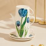 Jimiruigro Ceramic Tea Set for Two, 13.6oz Teapot with Infuser, Stacked Kettle Two Cup and Saucer with Handpainted Flower Pattern, Office Home Gift for Women and Adults, Style 1