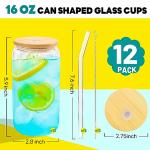 Joyclub Glass Cups with Bamboo Lids and Straws 12 Set 16 oz Reusable Iced Coffee Cup Beer Can Drinking Jars for Smoothie Whiskey Boba Soda Tea Gift
