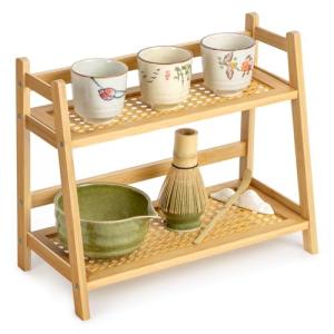 ANBOXIT Rattan-Look Matcha Station Organizer, Countertop Bamboo Tea & Coffee Accessories Station Organizer, 2 Tier Mug Holder Display Stand for Kitchen Condiment, Home, Office