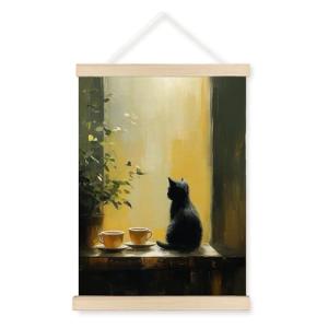 JOQUXI Retro Black Cat Wall Art Decor, Cat Room Home Decor, Vintage Coffee Tea Cup Travel Framed Artwork Poster Prints for Cafe Bar Kitchen Dining Room, 12x16 Inch