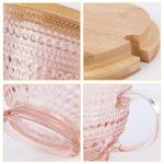 Pink Vintage Latte Mugs Set of 2, 16oz Large Pink Glass Embossed Coffee Mug Latte Tea Cup with Bamboo Lid and Spoons, Insulated Tea Cups Iced Water Ribbed Glasses Breakfast Cup Set Gift for Family