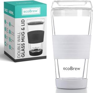ecoBrew 16oz Double Wall All Glass Tumbler with Lid, Dishwasher Safe & Microwavable Glass Travel Mug, Clear Coffee Tumbler To Go, Reusable Ceramic Cup for Hot & Cold Drinks