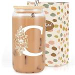 Coolife Initial Glass Cup, Monogrammed Gifts for Women, 16oz Glass Cups w/Lids Straws, Iced Coffee Smoothie Beer Tumbler w/Straw Lid, Personalized Mothers Day, Birthday Gifts for Woman Mom Friend Her