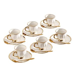 YL Xunked Ceramic coffee cups and saucers, 6 cups 6 saucers 6 spoons, 18 pieces 3 ounce gold rim cup sets, teacup tea set sets, suitable for cappuccino, latte, mocha (Contemporary)