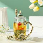 LANTREE Unique Tea Cups Mother's Day Gift Enamels Flower Glass Coffee Mug with Spoon Jasmine Cups Birthday Christmas Gift for Women 12oz