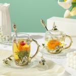 LANTREE Unique Tea Cups Mother's Day Gift Enamels Flower Glass Coffee Mug with Spoon Jasmine Cups Birthday Christmas Gift for Women 12oz