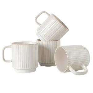 DLIM HOME Coffee Mugs Set of 4, 12 Oz Vintage Ceramic Coffee Mugs, Porcelain Tea Cups with Handle, Stackable, Dishwasher & Microwave Safe, Catering Embossed Drinkware Set for Coffee, Tea, Cocoa, Latte