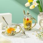 LANTREE Unique Tea Cups Mother's Day Gift Enamels Flower Glass Coffee Mug with Spoon Jasmine Cups Birthday Christmas Gift for Women 12oz