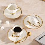 YL Xunked Ceramic coffee cups and saucers, 6 cups 6 saucers 6 spoons, 18 pieces 3 ounce gold rim cup sets, teacup tea set sets, suitable for cappuccino, latte, mocha (Contemporary)